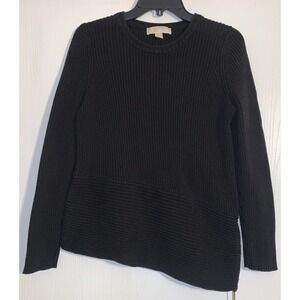 Michael Kors Womens Large Asymmetric Sweater Black Rib Pullover Gold Side Zipper
